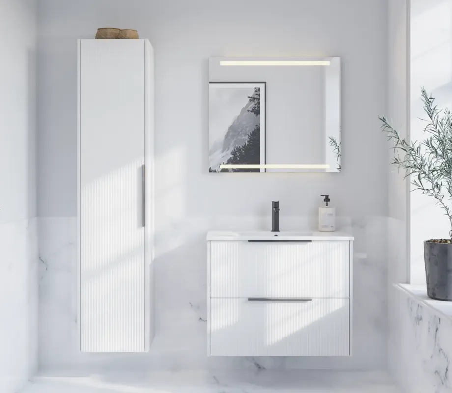 Bathroom inspiration with marble floors and walls, elegant white vanity unit and tall cabinet with beautiful narrow stripes and minimalist black elongated handles, and modern square mirror with light.
