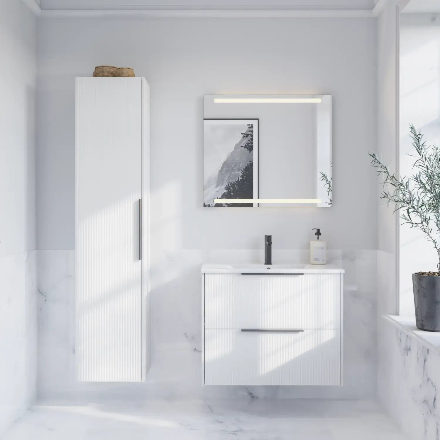 Bathroom inspiration with marble floors and walls, elegant white vanity unit and tall cabinet with beautiful narrow stripes and minimalist black elongated handles, and modern square mirror with light.