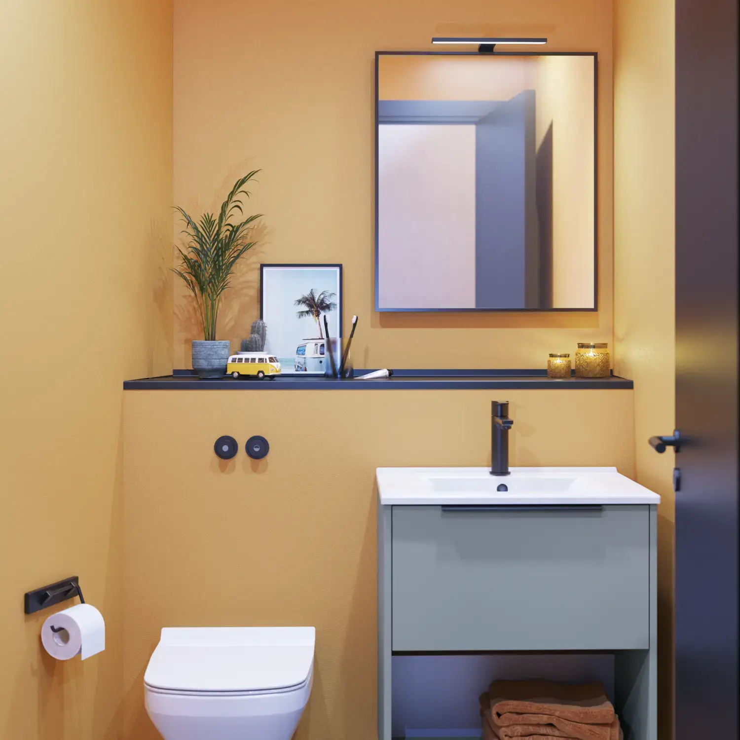 Small bathroom inspiration with slanted and warm yellow walls, elegant light blue vanity unit, thin and sleek sink, and minimalist square mirror with a black edge and practical lamp.
