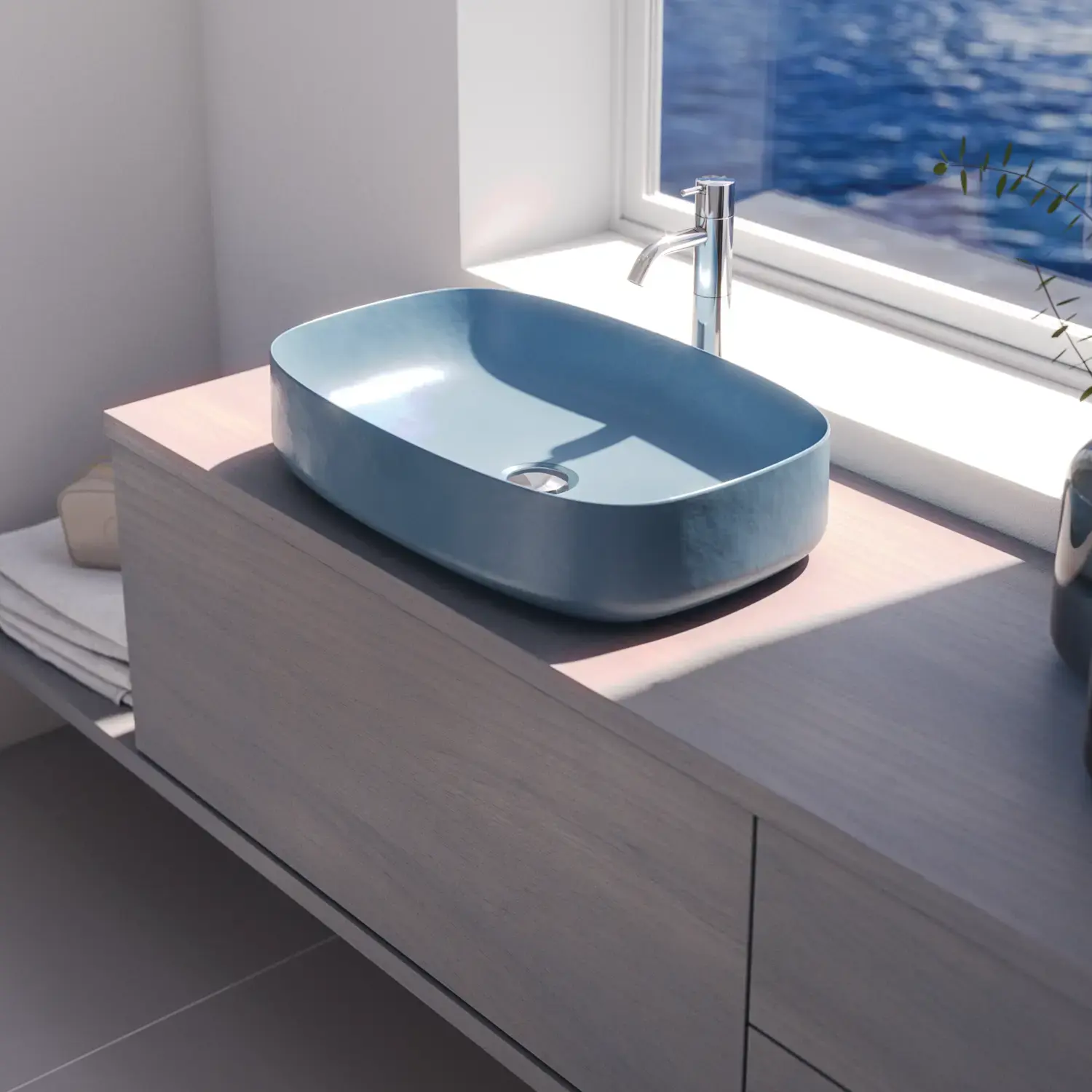Small bathroom inspiration with custom-made countertop, elegant blue countertop basin, and square feature mirror, creating a bright and modern space.