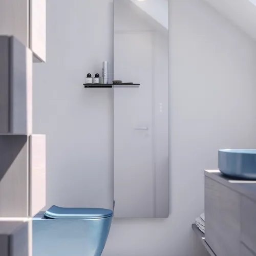 Small bathroom inspiration with custom-made countertop, elegant blue countertop basin, and square feature mirror, creating a bright and modern space.