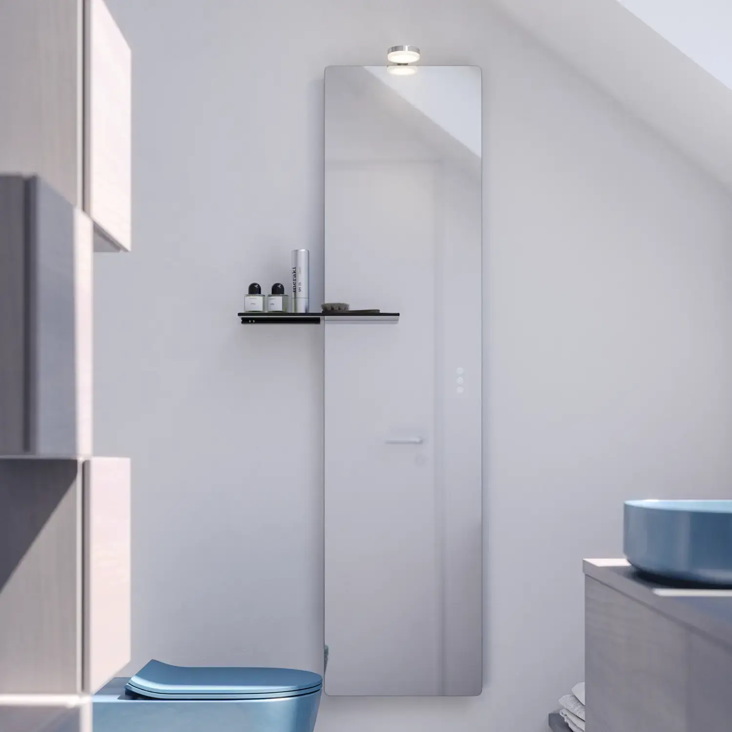 Small bathroom inspiration with custom-made countertop, elegant blue countertop basin, and square feature mirror, creating a bright and modern space.