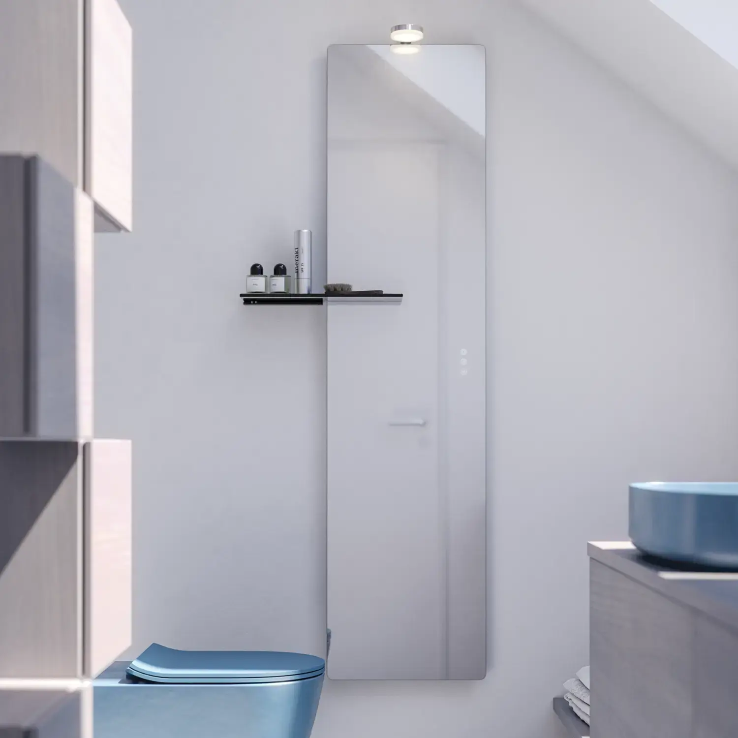 Small bathroom inspiration with custom-made countertop, elegant blue countertop basin, and square feature mirror, creating a bright and modern space.