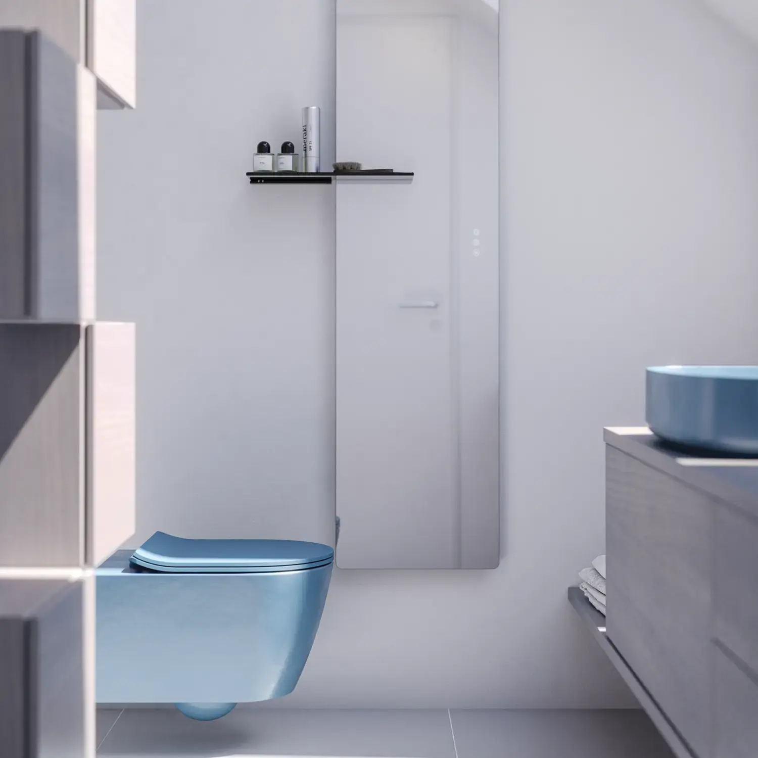 Small bathroom inspiration with custom-made countertop, elegant blue countertop basin, and square feature mirror, creating a bright and modern space.