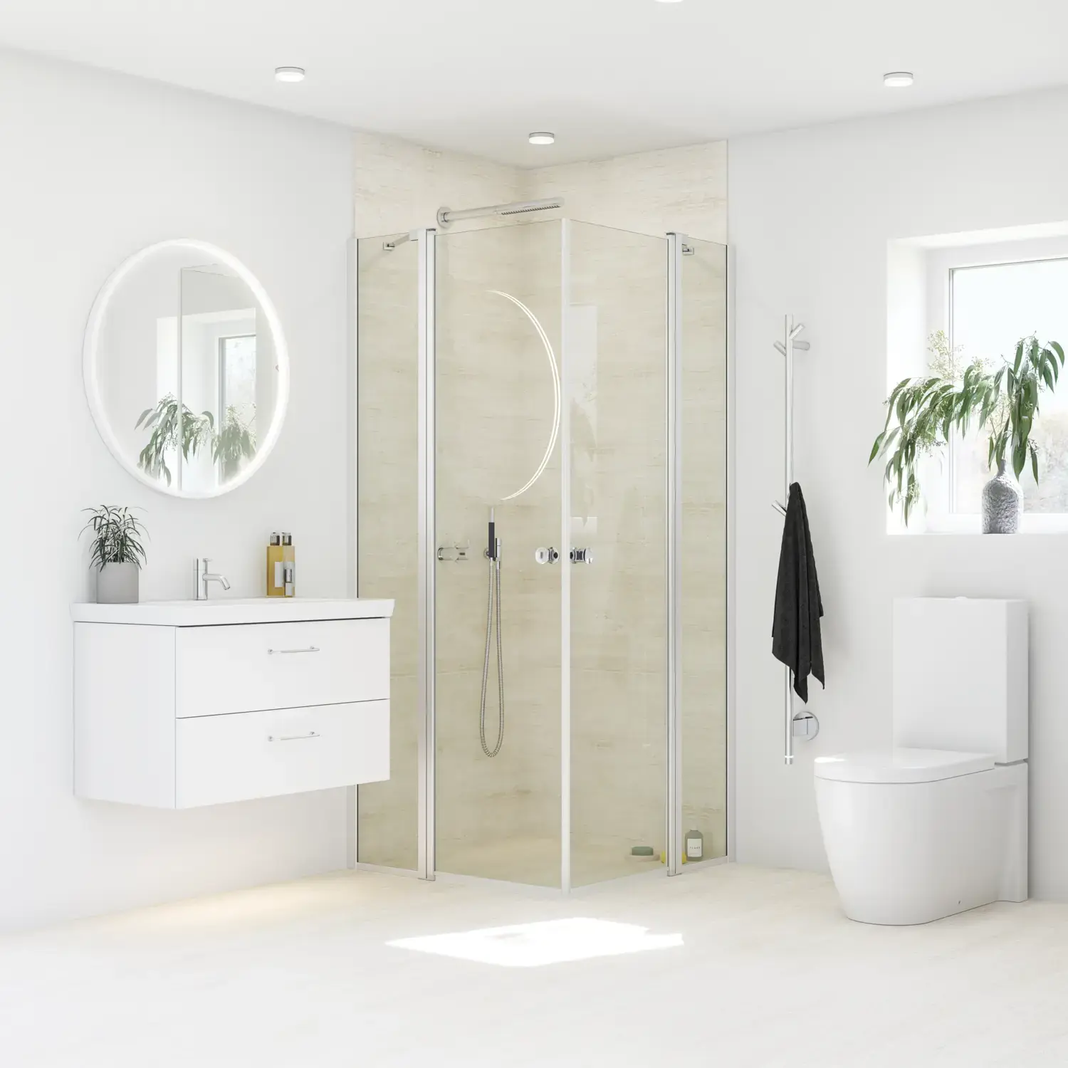 Bathroom inspiration with white bathroom furniture and shower screen with fixed shower walls with swing doors in clear glass and profiles in satin, elegant electric towel dryer, which with white walls and light floors gives a bright and modern look.