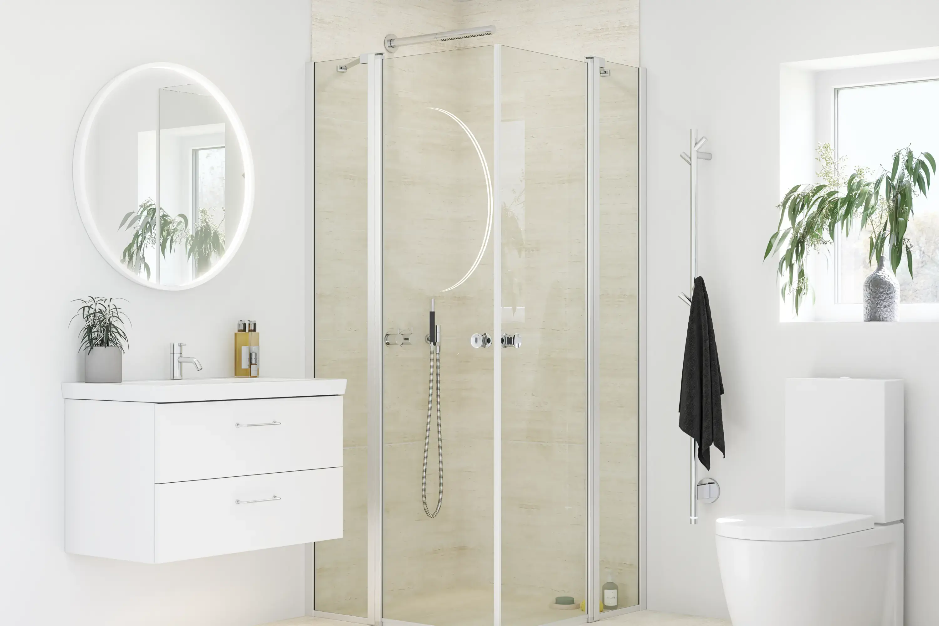 Bathroom inspiration with white bathroom furniture and shower screen with fixed shower walls with swing doors in clear glass and profiles in satin, elegant electric towel dryer, which with white walls and light floors gives a bright and modern look.