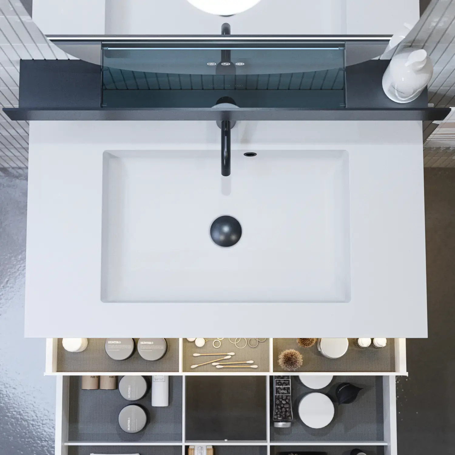 Stylish bathroom inspiration with beige vanity unit with inner drawer, upper cabinet, open shelf, oval mirror with lighting, matching pendants, shelf under the mirror, and wall-mounted toilet. Walls with light, elongated tiles.