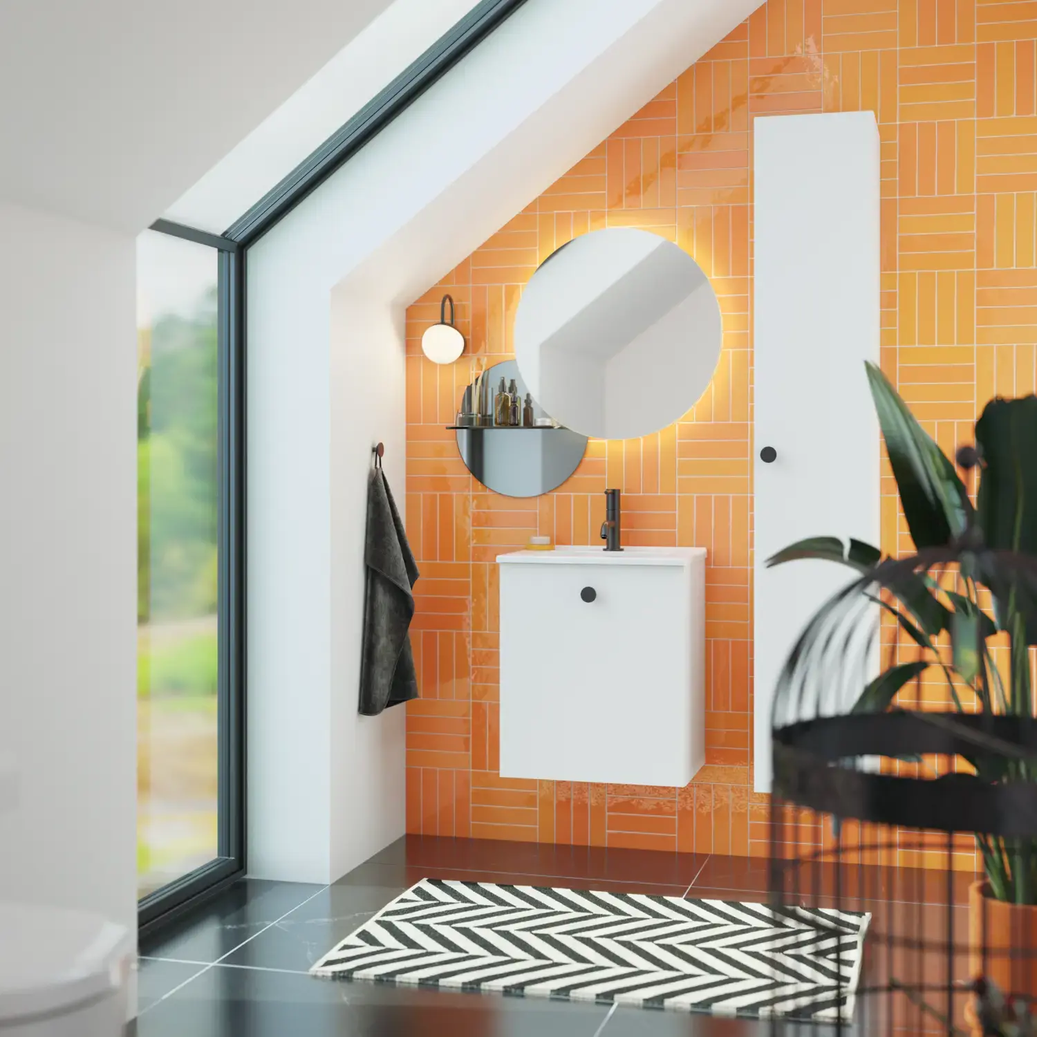 Bathroom with sloping ceiling inspiration with small white vanity unit and tall cabinet with round black handles, as well as beautiful round mirror, orange tiles give a fresh and modern look.