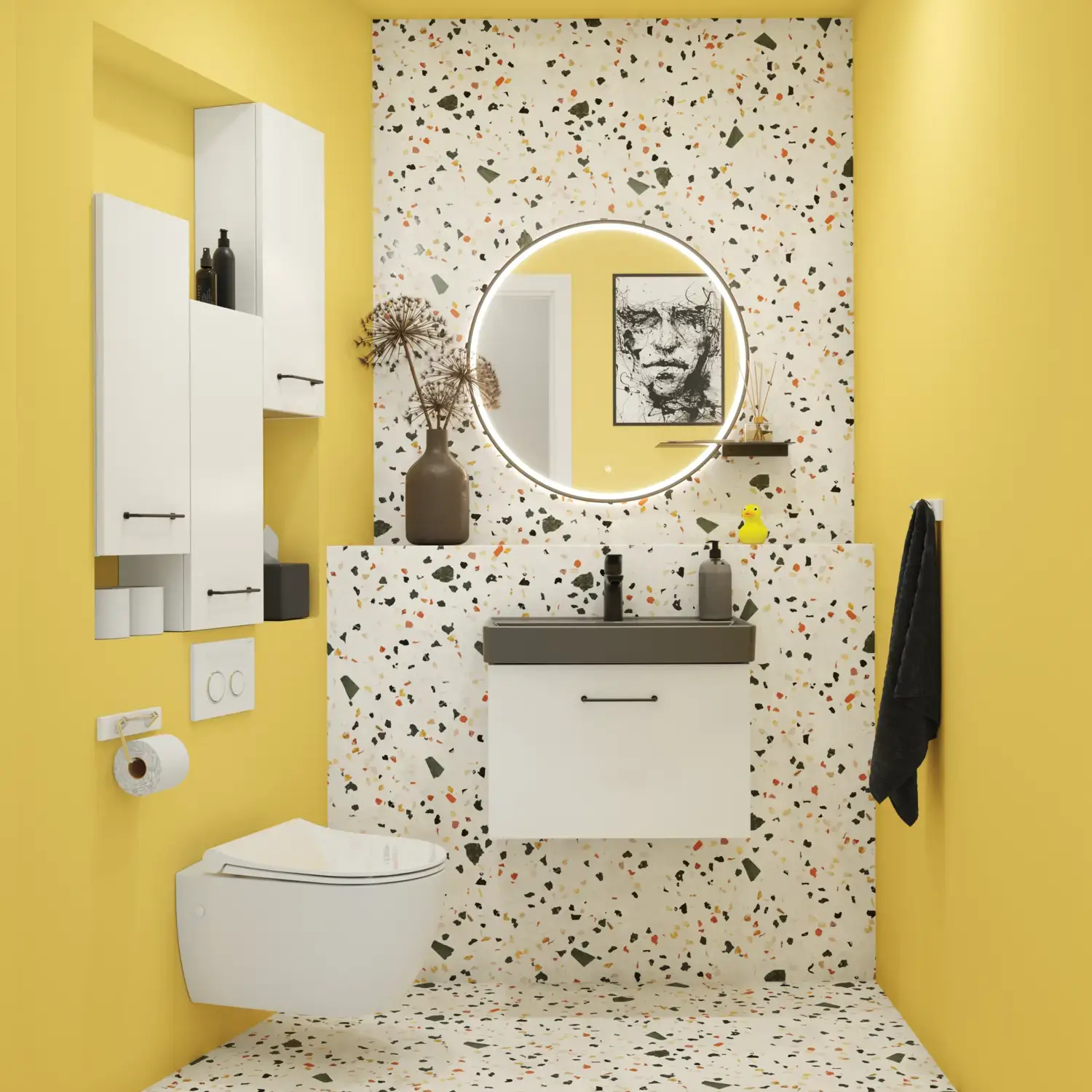 Small bathroom inspiration with a white vanity with black handle and black elegant sink, beautiful round mirror with black edge, offset wall cabinets, and terrazzo wall and floor, as well as yellow walls, provide a bold and modern look.