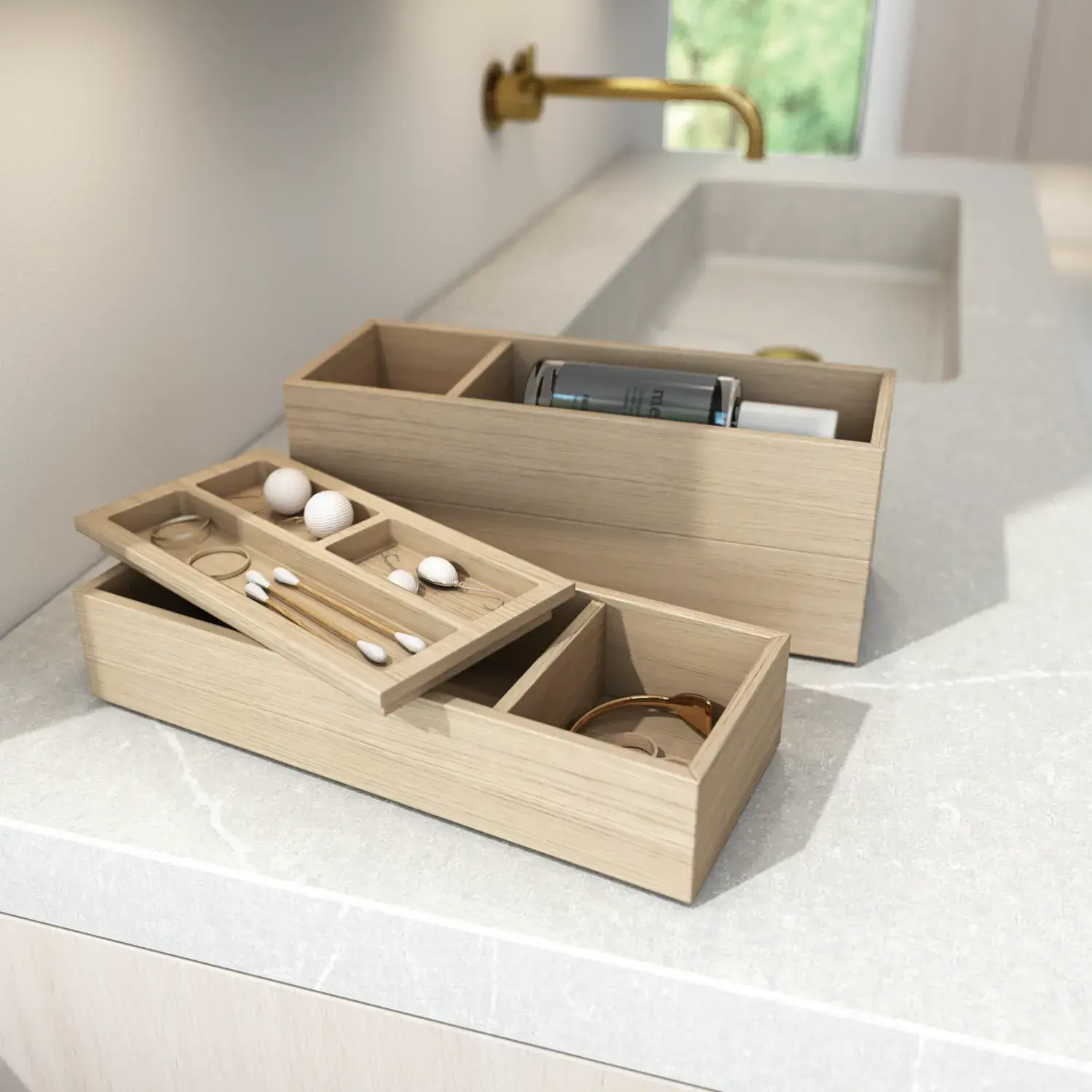 Elegant wooden boxes on a stylish stone countertop in a modern bathroom.