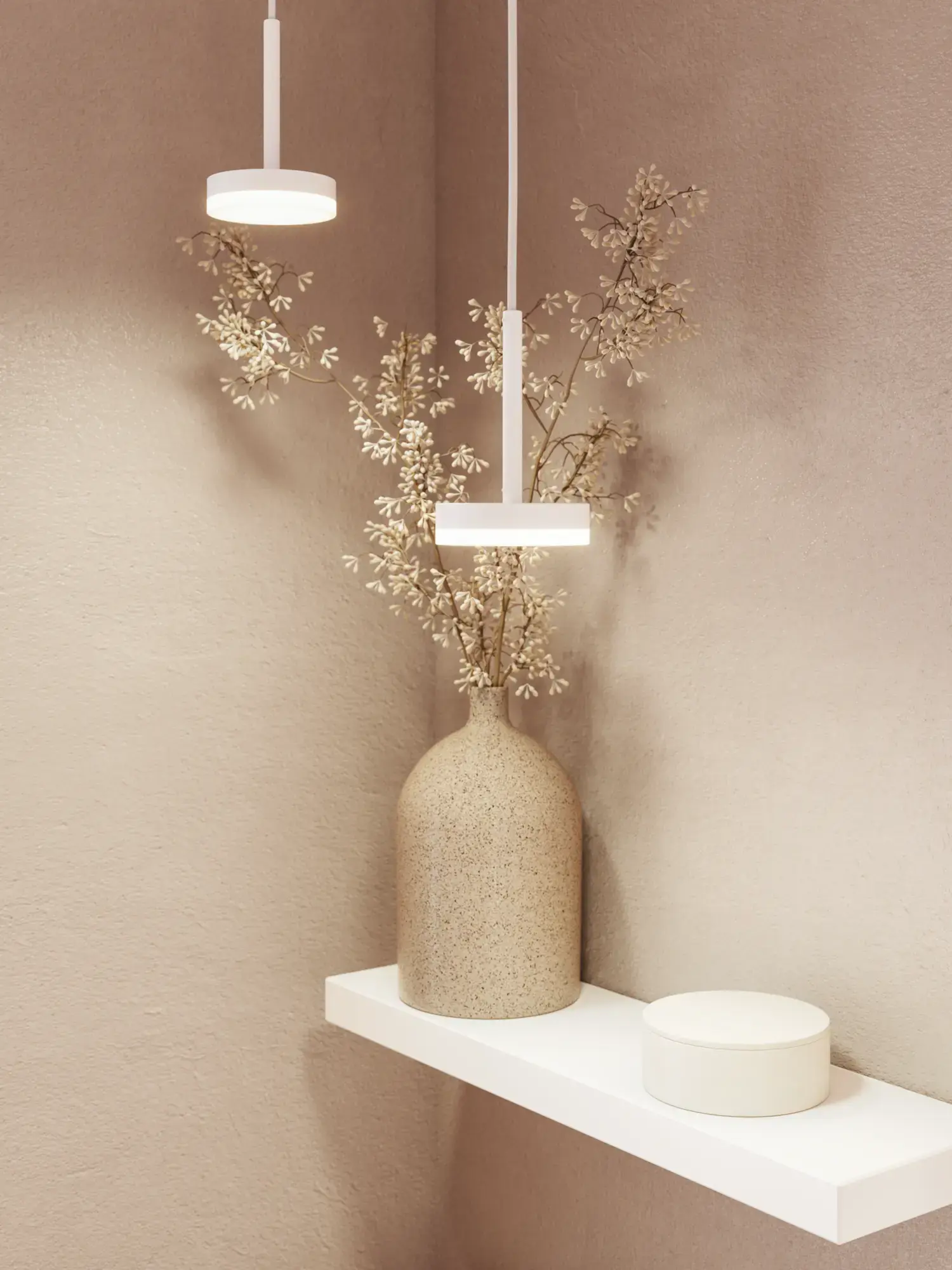Bathroom inspiration, where a pink vanity unit with integrated handles and a thin elegant basin is combined with a round mirror and pink tiles, creating a feminine and romantic style.