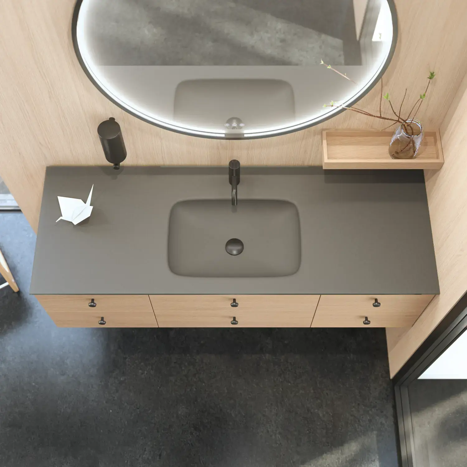 Stylish bathroom in Scandinavian and Japandi design with light wood walls, round mirror, and minimalist bathroom furniture.