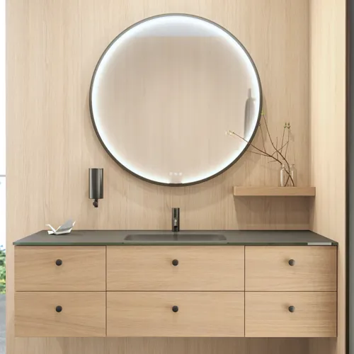 Stylish bathroom in Scandinavian and Japandi design with light wood walls, round mirror, and minimalist bathroom furniture.