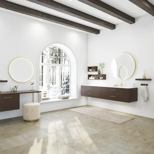 Nordic style bathroom inspiration with vanity unit and base cabinets in smoked oak, makeup area, side-mounted sink, round mirror with brass frame, and visible charming wooden beams.