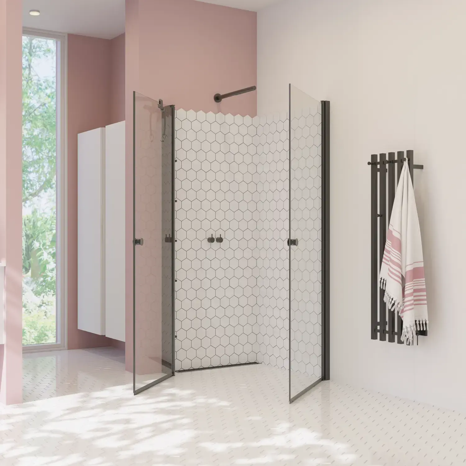 Large bathroom inspiration with white bathroom furniture, square mirror, and shower screen with swing doors with clear glass and profiles in matt black, as well as an elegant electric heated towel rail.
