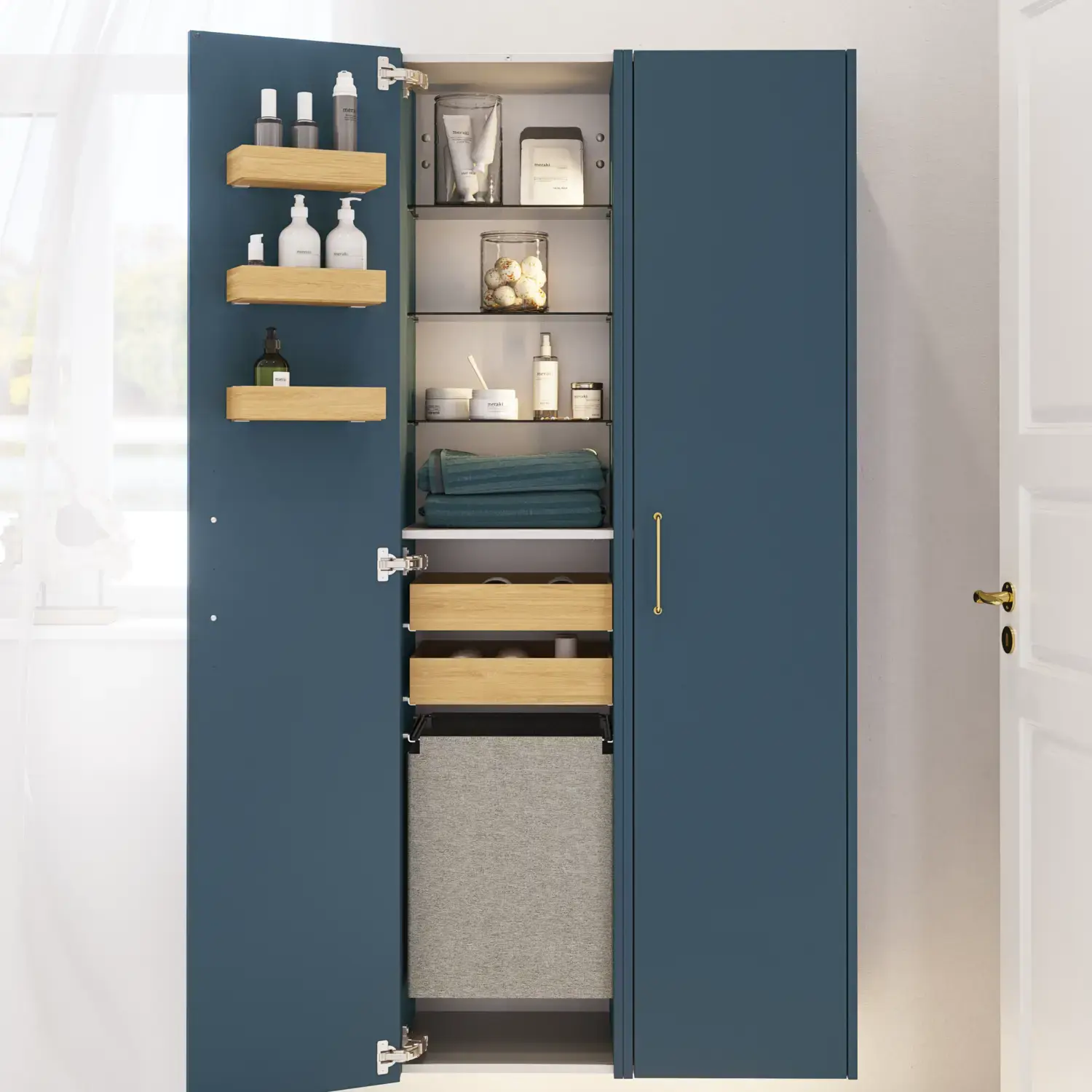 Bathroom inspiration with bathroom furniture in modern blue colour, elegant countertop basin and large square mirror with light, white herringbone tiles create a stylish and classic look