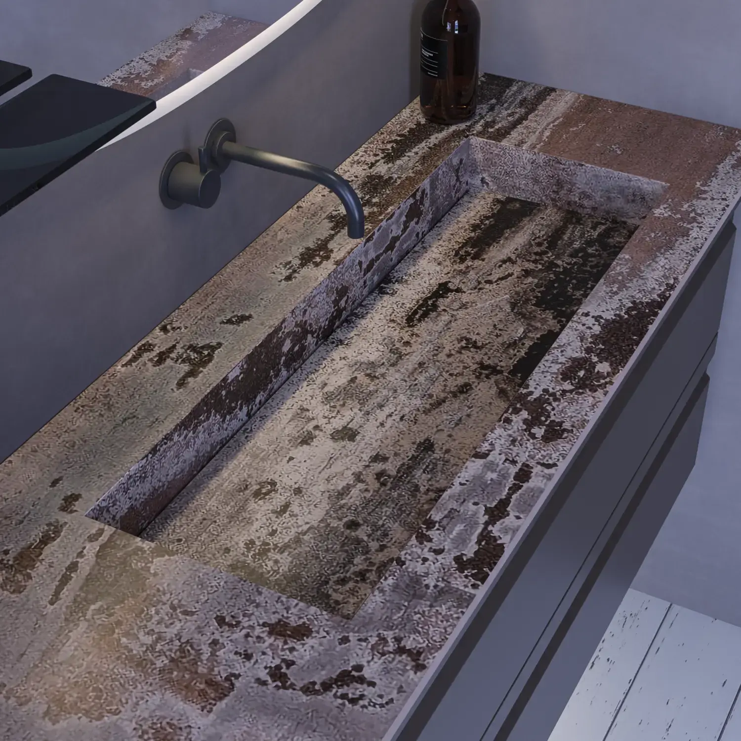 Large bathroom inspiration with grey vanity unit with integrated handle, stylish side-mounted sink, square mirror with rounded corners, concrete-look walls and raw materials for an urban look