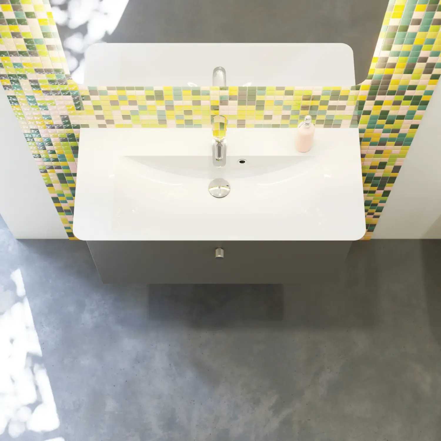 Bathroom inspiration with bathroom furniture in matt grey with elegant washbasin, beautiful square mirror, grey floor and small tiles in different shades of yellow and green, which with yellow wall gives a bright and playful expression