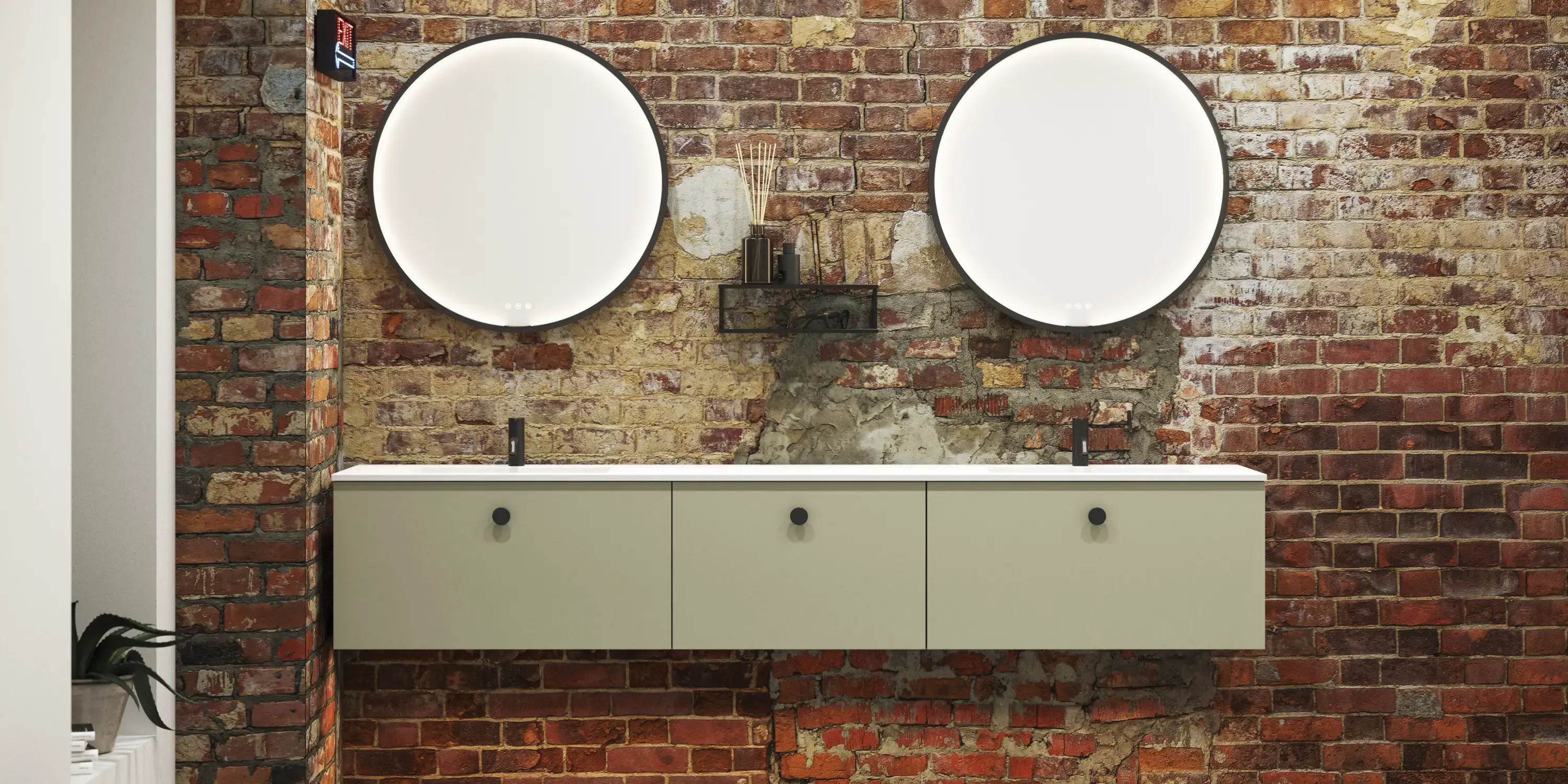 Raw and modern bathroom in an urban style. Beautiful vanity units and black framed round mirrors