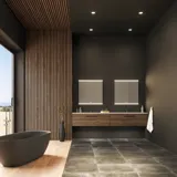 Large bathroom inspiration with vanity units and brown oak slats, freestanding bathtub, and square mirrors with light, elegant double sink gives a modern and symmetrical look
