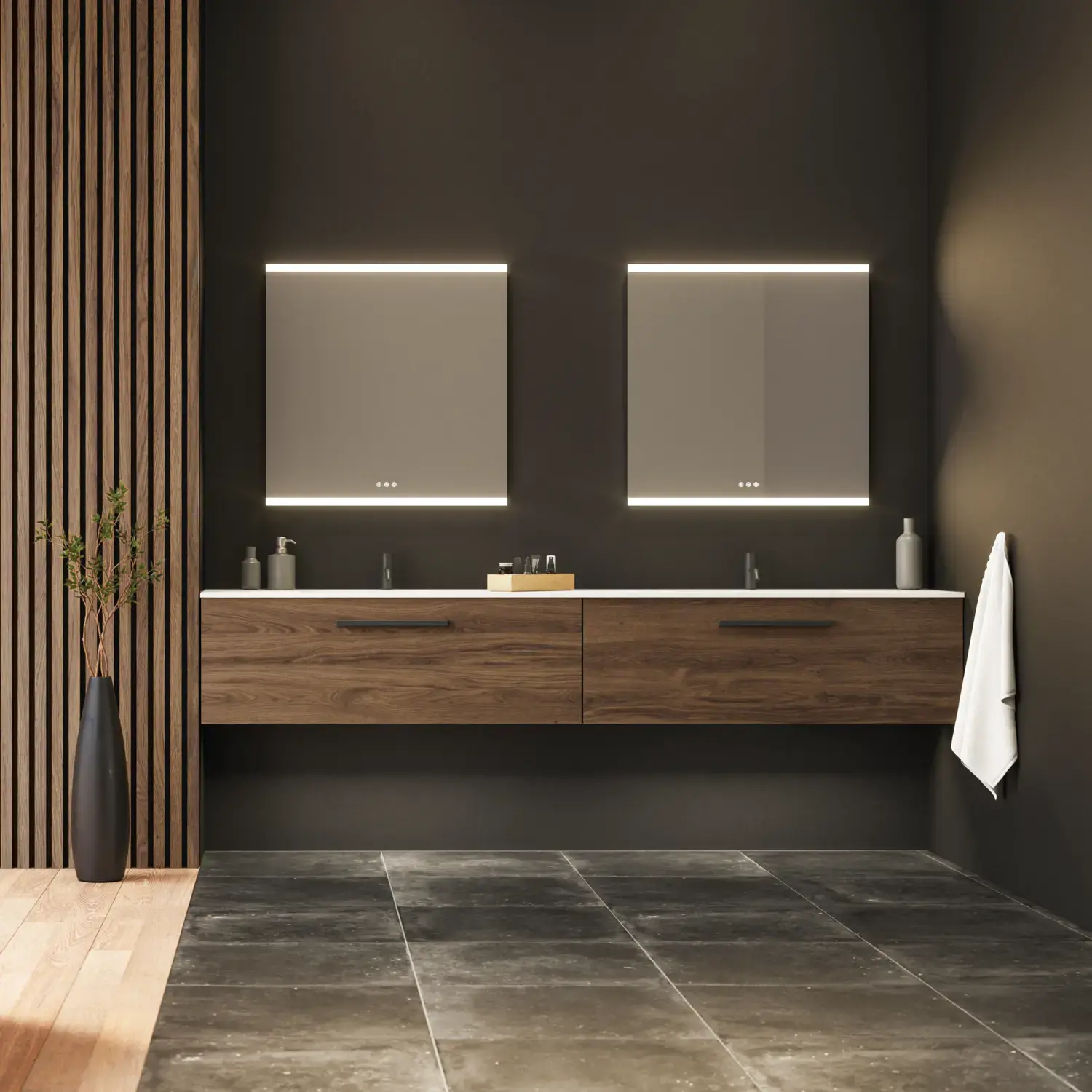 Large bathroom inspiration with vanity units and brown oak slats, freestanding bathtub, and square mirrors with light, elegant double sink gives a modern and symmetrical look