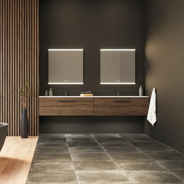 Large bathroom inspiration with vanity units and brown oak slats, freestanding bathtub, and square mirrors with light, elegant double sink gives a modern and symmetrical look