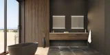 Large bathroom inspiration with vanity units and brown oak slats, freestanding bathtub, and square mirrors with light, elegant double sink gives a modern and symmetrical look