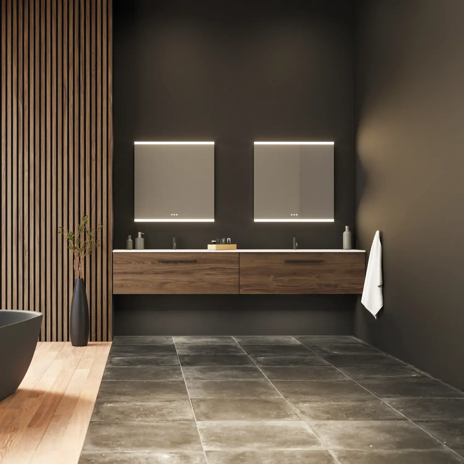 Large bathroom inspiration with vanity units and brown oak slats, freestanding bathtub, and square mirrors with light, elegant double sink gives a modern and symmetrical look