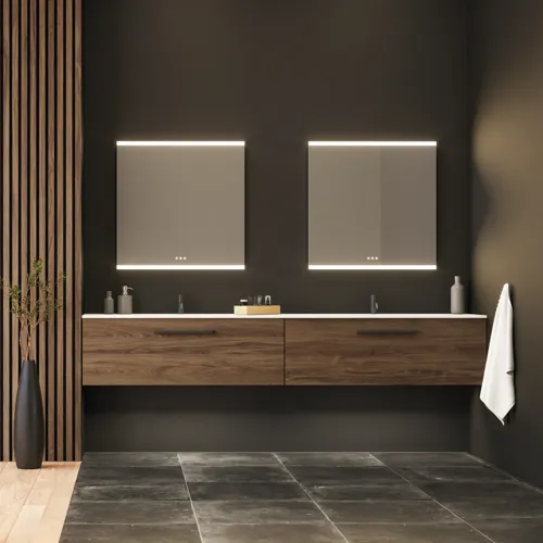 Large bathroom inspiration with vanity units and brown oak slats, freestanding bathtub, and square mirrors with light, elegant double sink gives a modern and symmetrical look