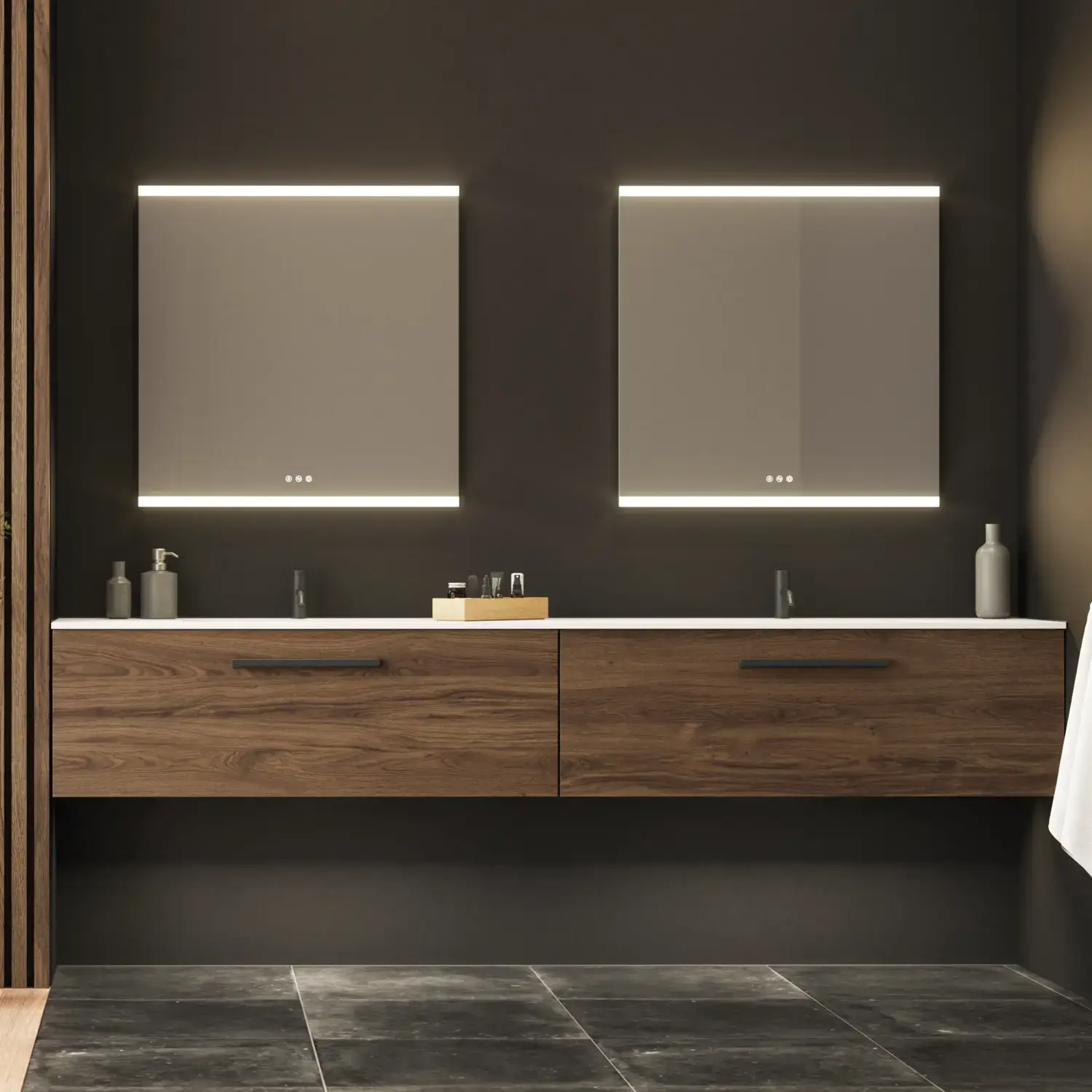 Large bathroom inspiration with vanity units and brown oak slats, freestanding bathtub, and square mirrors with light, elegant double sink gives a modern and symmetrical look
