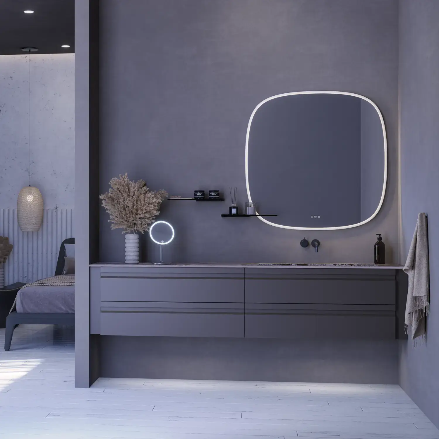 Large bathroom inspiration with grey vanity unit with integrated handle, stylish side-mounted sink, square mirror with rounded corners, concrete-look walls and raw materials for an urban look