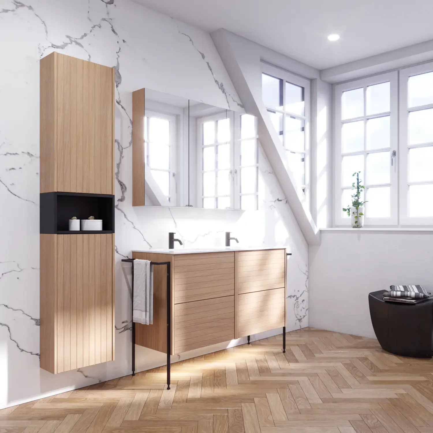 Bathroom inspiration with washbasin cabinets and wall cabinets in light oak with grooves, elegant double sink, beautiful mirror cabinet with light, herringbone floor in light wood, and white marble wall give a classic, bright, and sleek look.