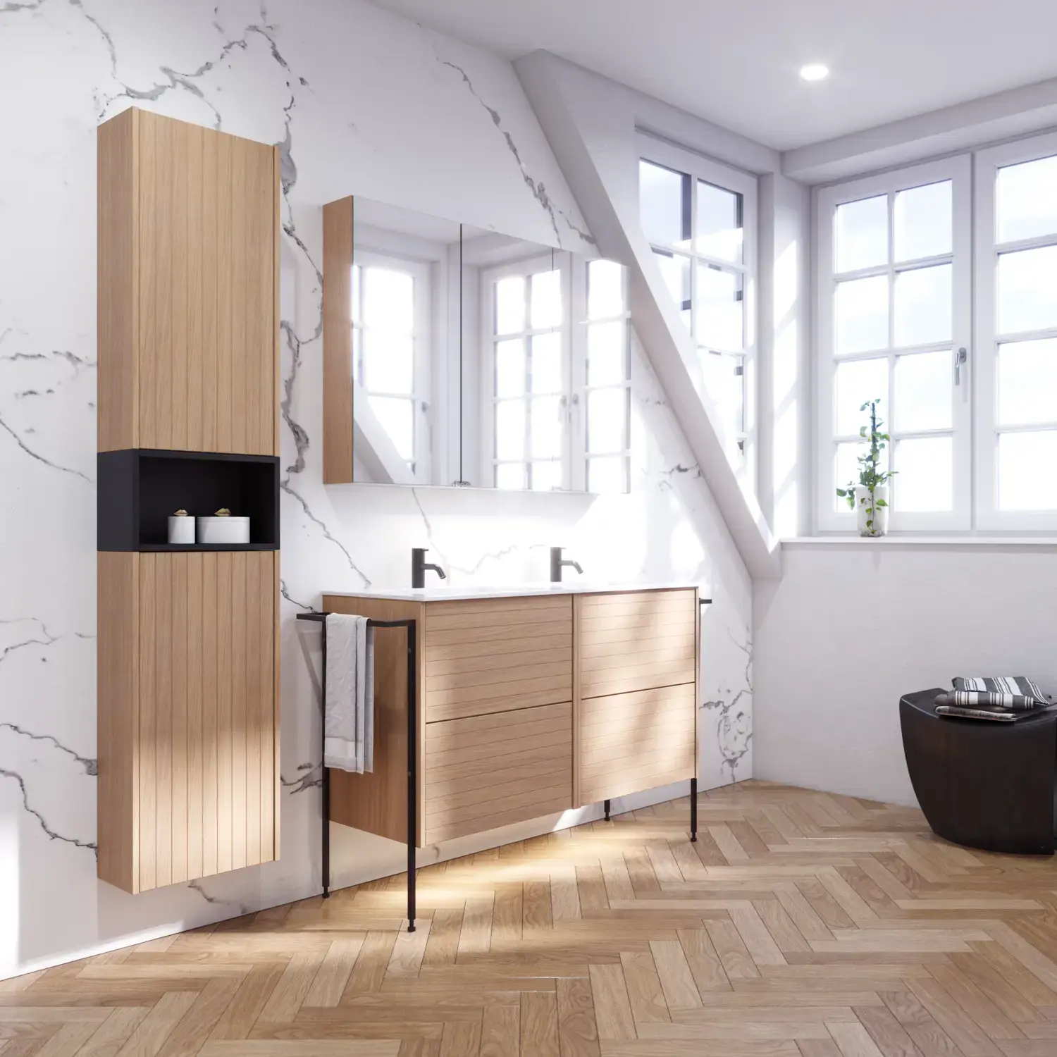 Bathroom inspiration with washbasin cabinets and wall cabinets in light oak with grooves, elegant double sink, beautiful mirror cabinet with light, herringbone floor in light wood, and white marble wall give a classic, bright, and sleek look.
