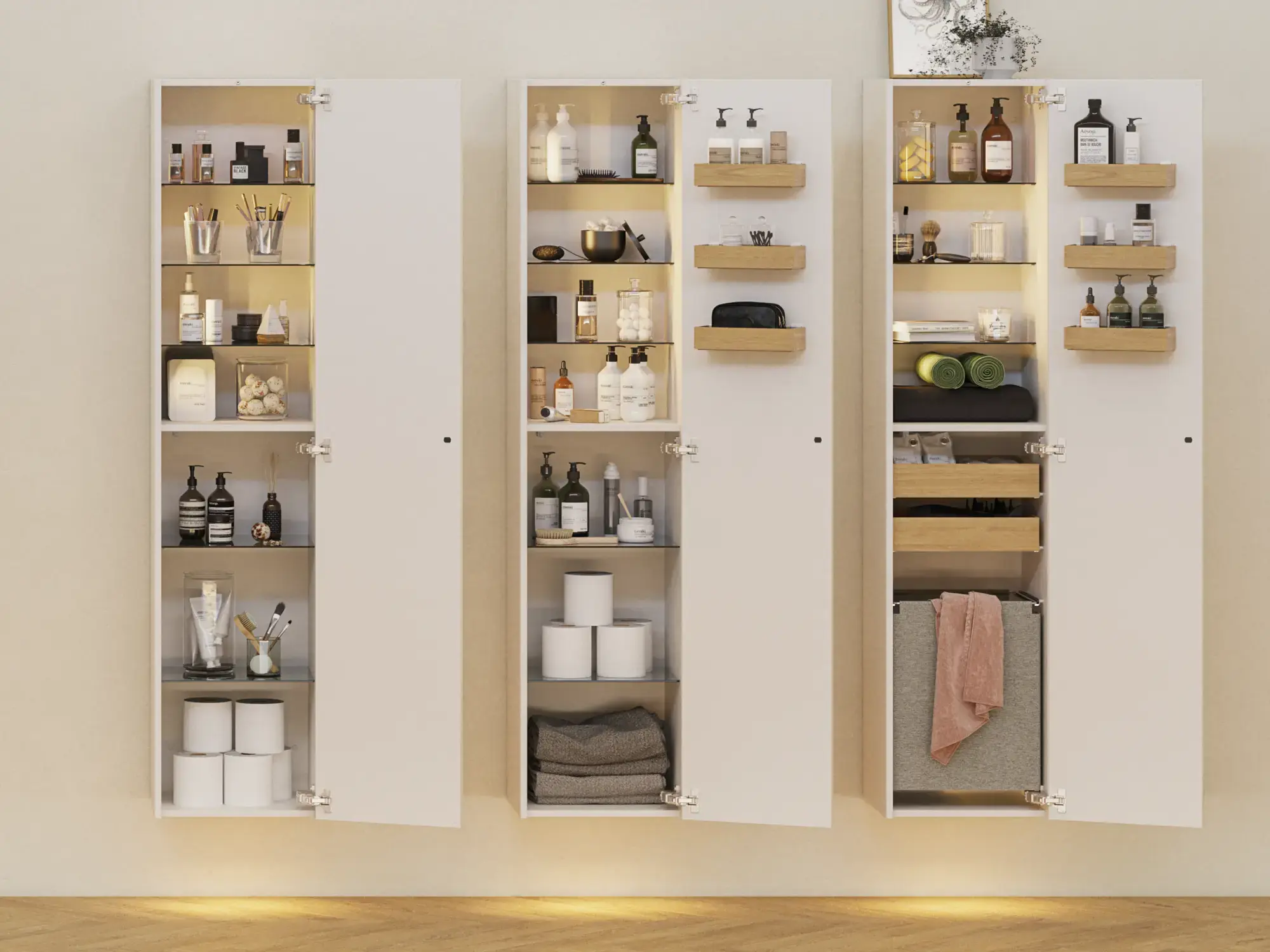 Bathroom inspiration with tall and wall cabinets, featuring practical and stylish interior fittings, including wooden boxes, glass shelves, and a laundry basket, making storage both optimal and aesthetic