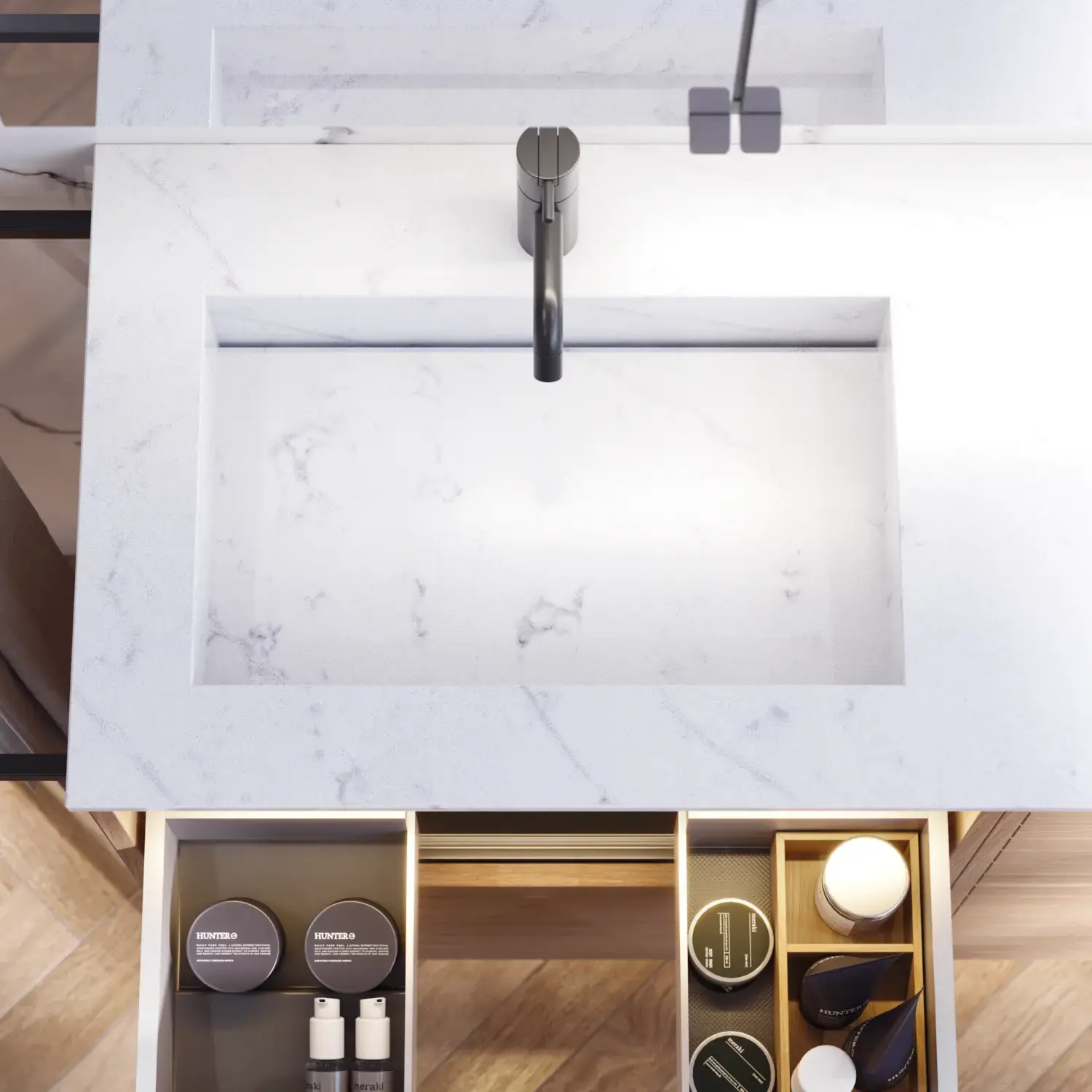 Bathroom inspiration with washbasin cabinets and wall cabinets in light oak with grooves, elegant double sink, beautiful mirror cabinet with light, herringbone floor in light wood, and white marble wall give a classic, bright, and sleek look.