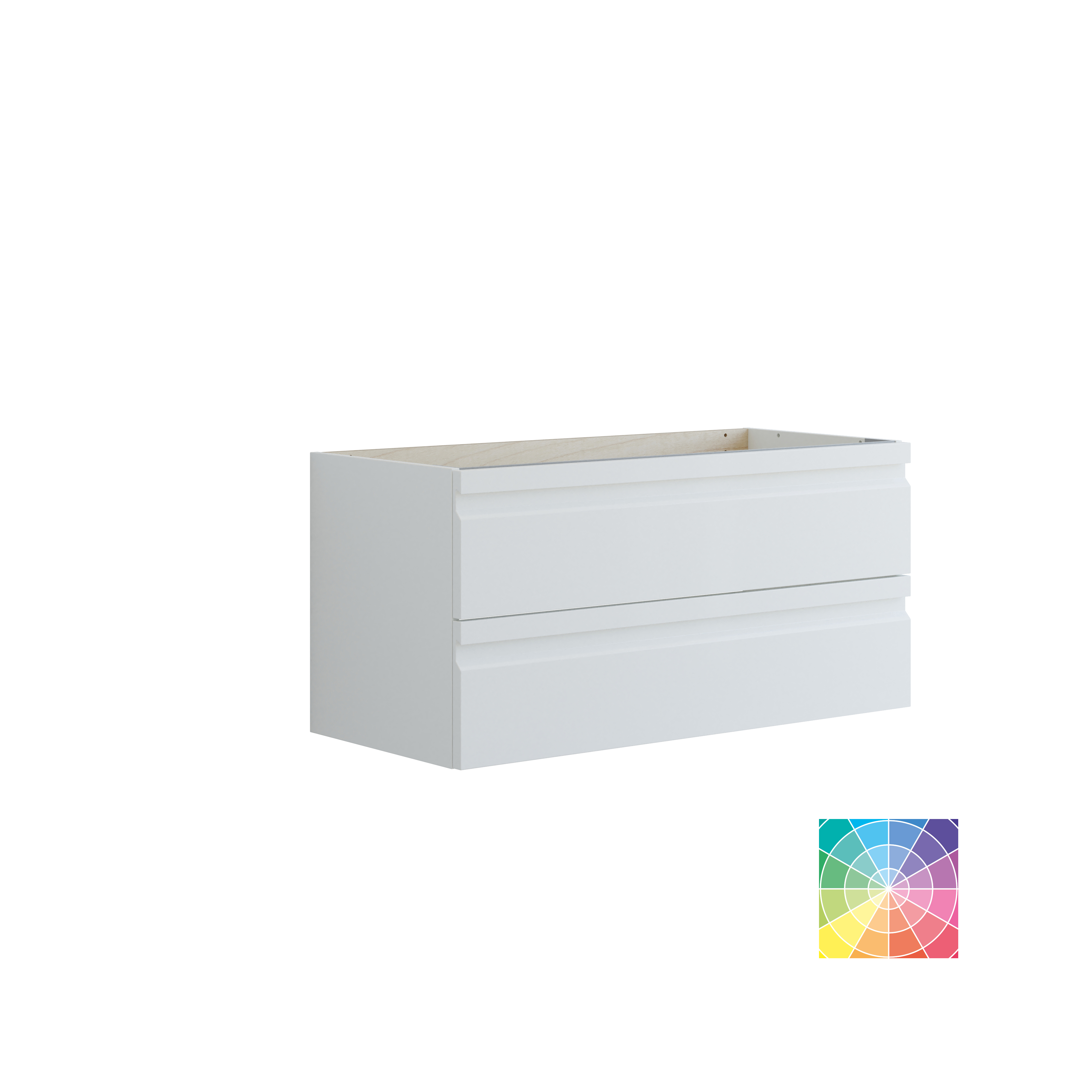 Large bathroom inspiration with grey vanity unit with integrated handle, stylish side-mounted sink, square mirror with rounded corners, concrete-look walls and raw materials for an urban look