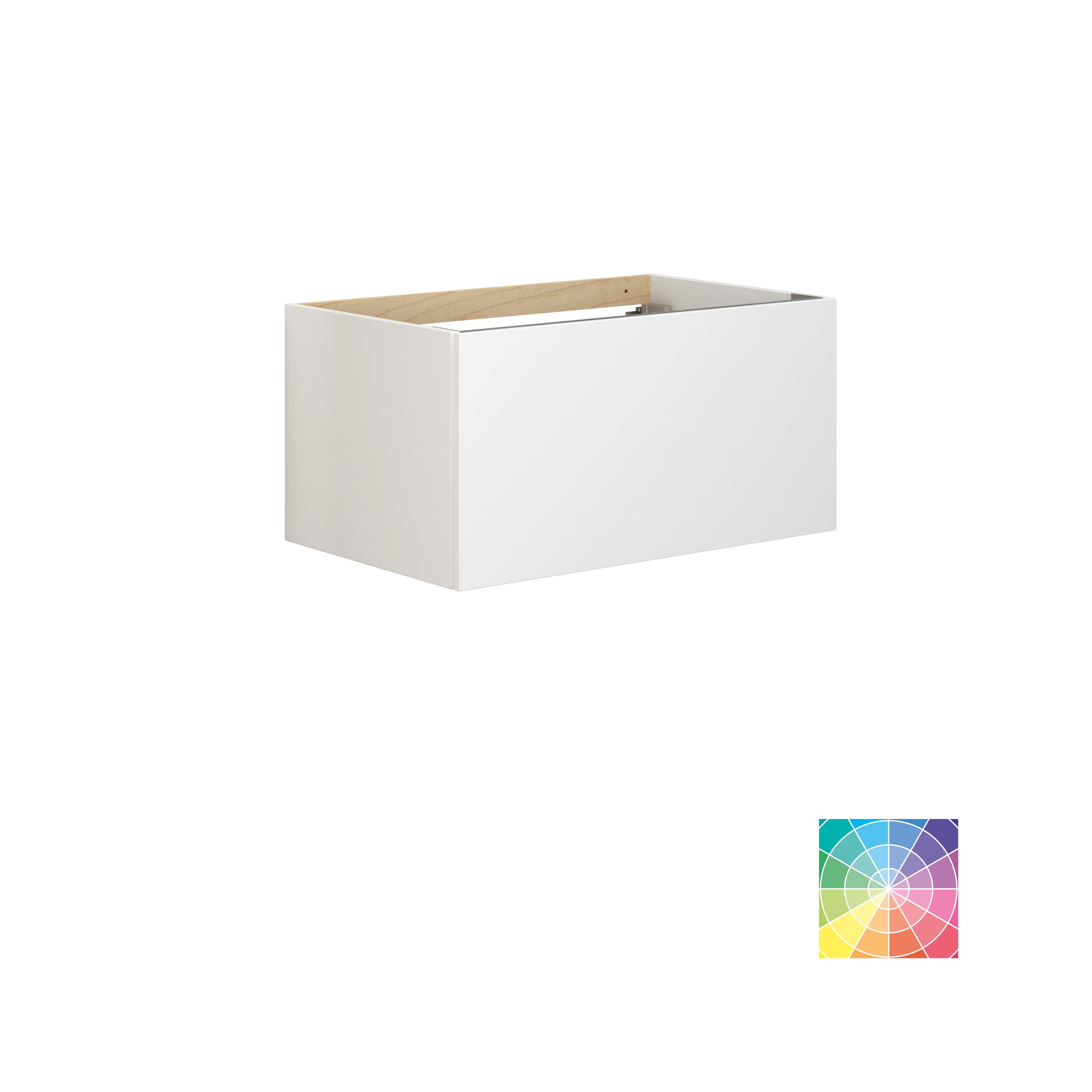 Stylish bathroom inspiration with beige vanity unit with inner drawer, upper cabinet, open shelf, oval mirror with lighting, matching pendants, shelf under the mirror, and wall-mounted toilet. Walls with light, elongated tiles
