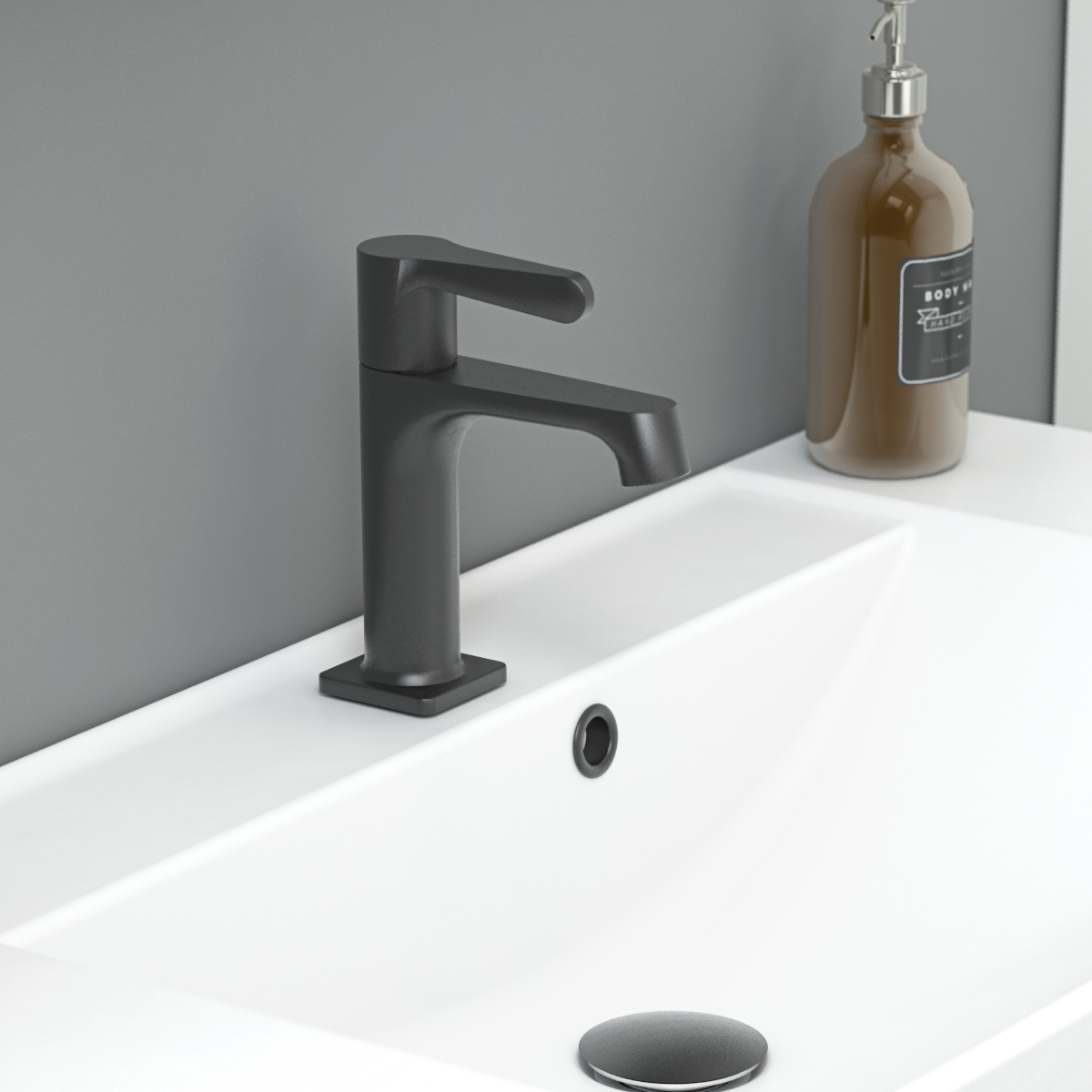Stylish bathroom inspiration with beige vanity unit with inner drawer, upper cabinet, open shelf, oval mirror with lighting, matching pendants, shelf under the mirror, and wall-mounted toilet. Walls with light, elongated tiles