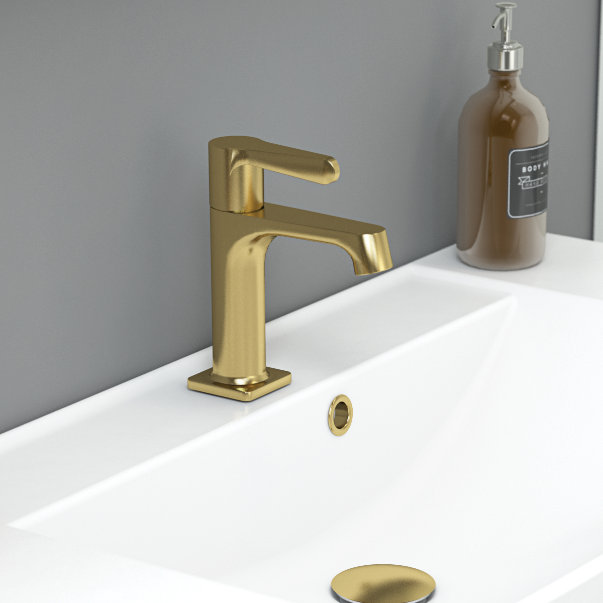 Large bathroom in green colors with vanity unit, brass framed oval mirror and beautiful framed doors
