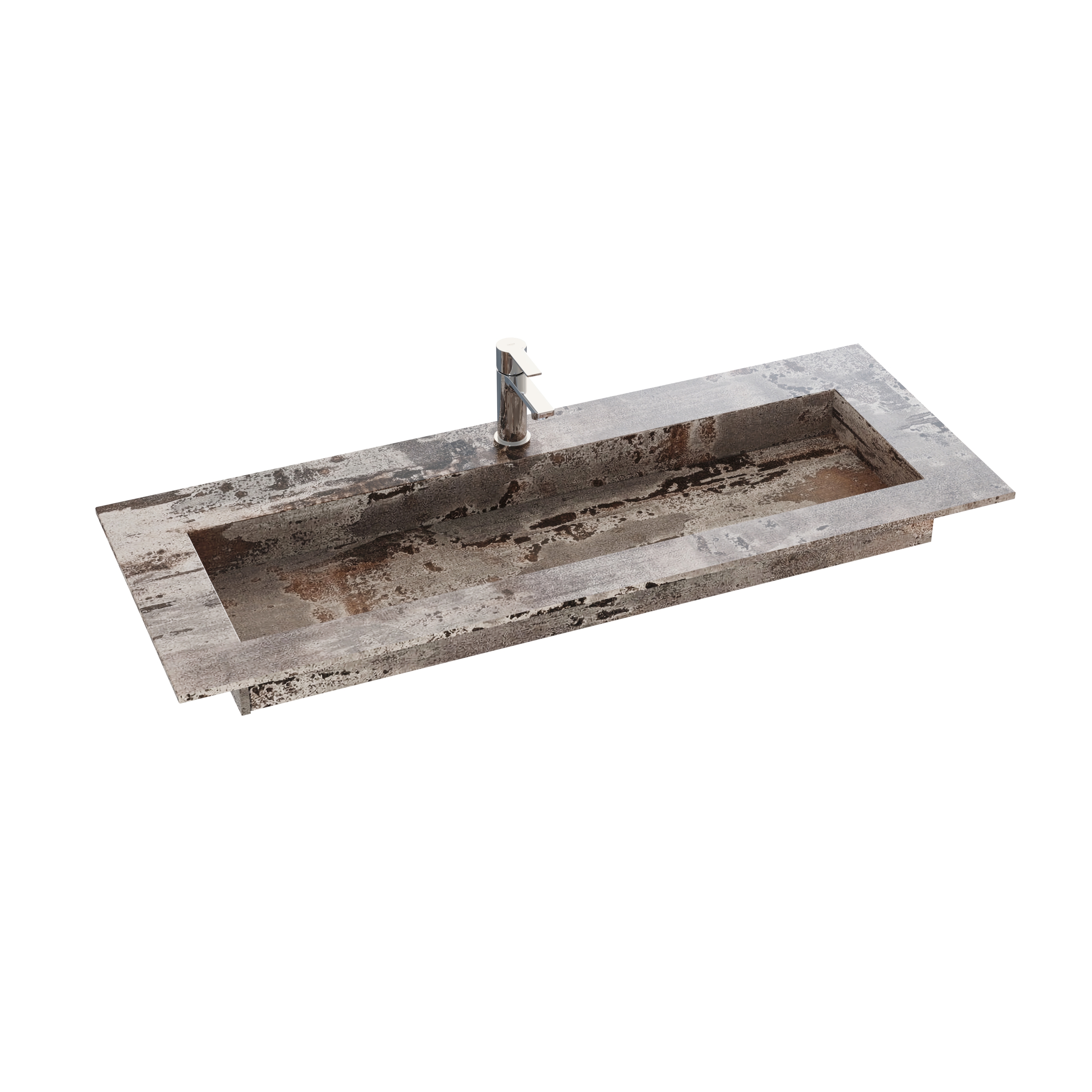 Large bathroom inspiration with grey vanity unit with integrated handle, stylish side-mounted sink, square mirror with rounded corners, concrete-look walls and raw materials for an urban look