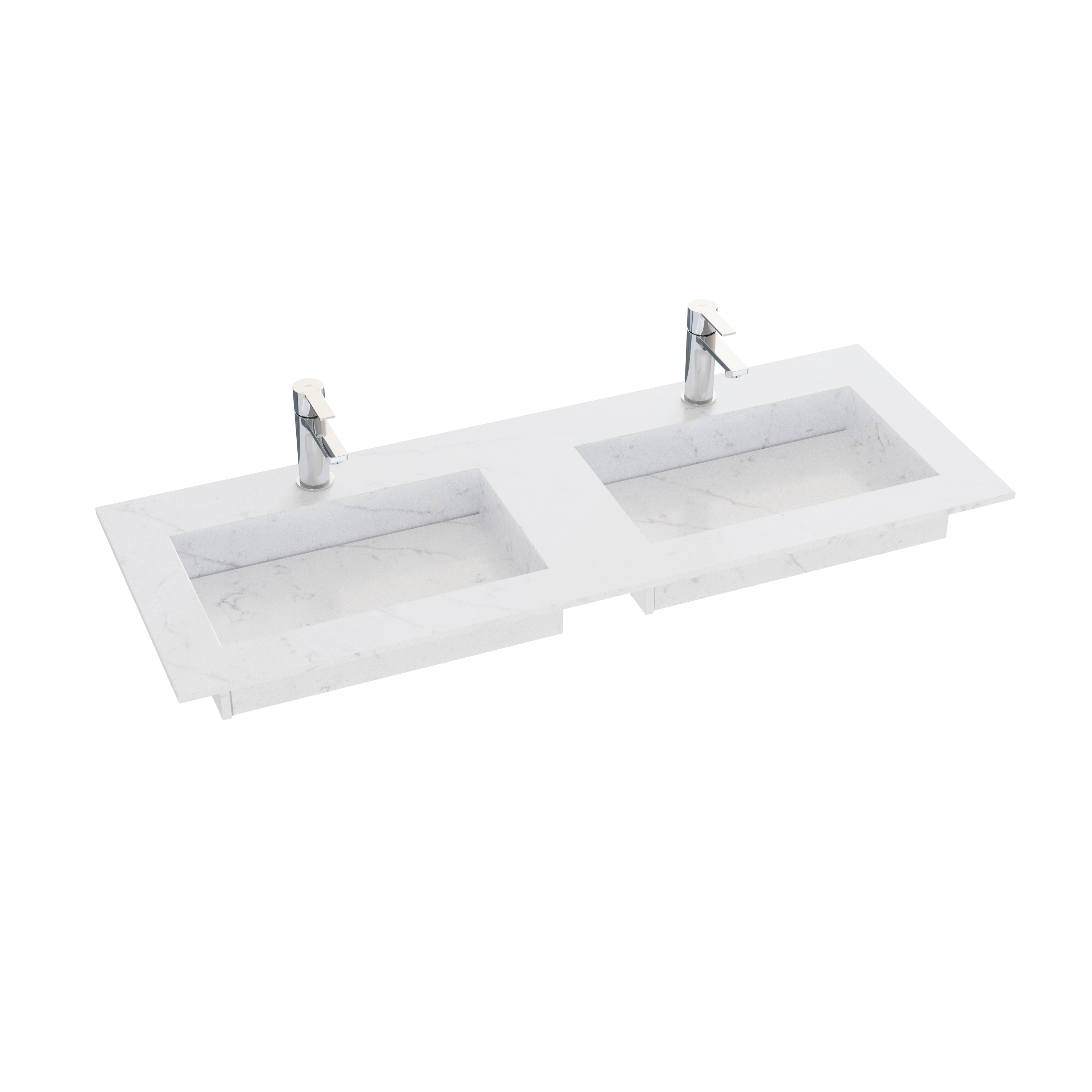 Bathroom inspiration with washbasin cabinets and wall cabinets in light oak with grooves, elegant double sink, beautiful mirror cabinet with light, herringbone floor in light wood, and white marble wall give a classic, bright, and sleek look.