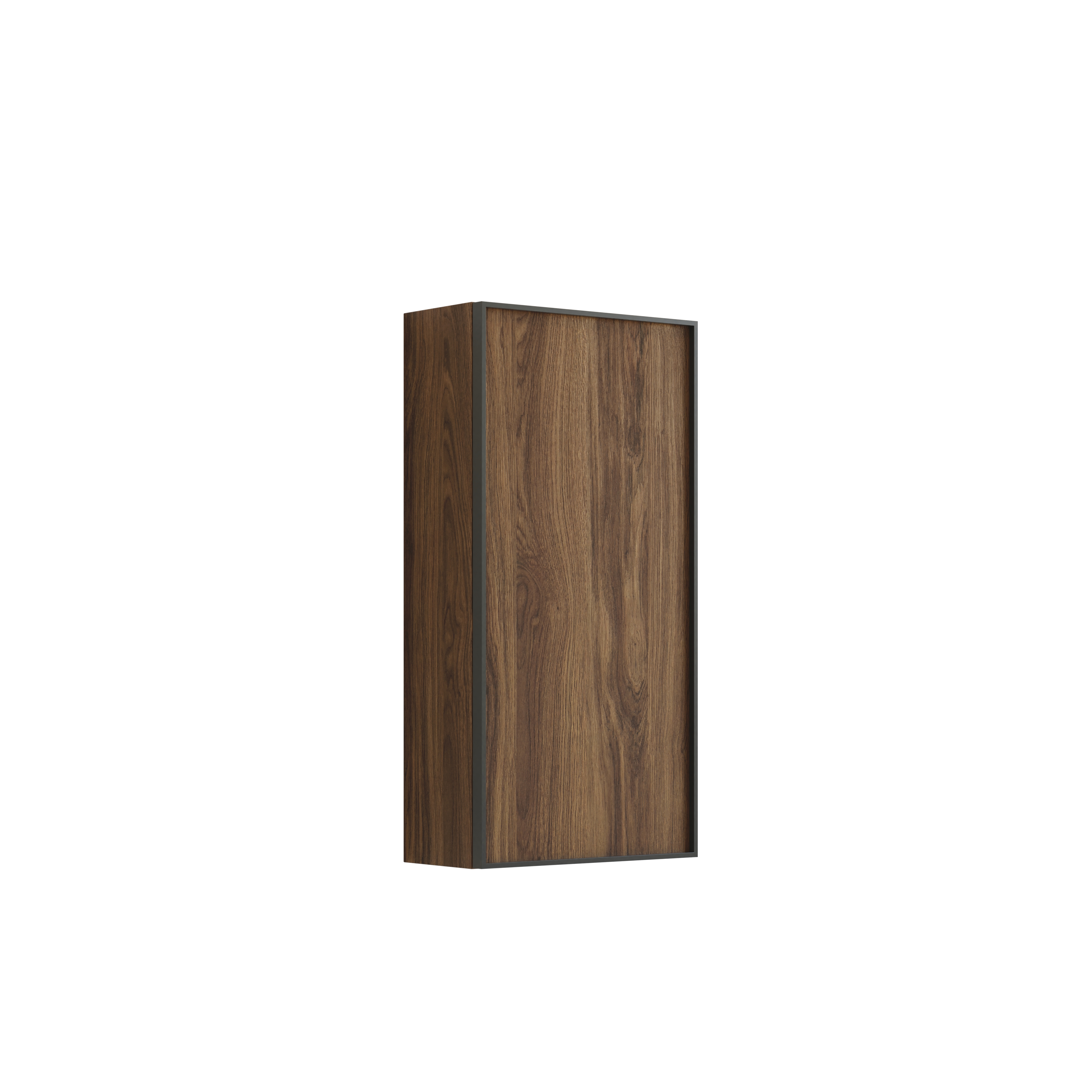 Large bathroom inspiration with brown oak furniture, black frame fronts, double sink, black shelf, rounded mirrors, black corner shower with folding doors, white tiles, and beige walls for a modern look