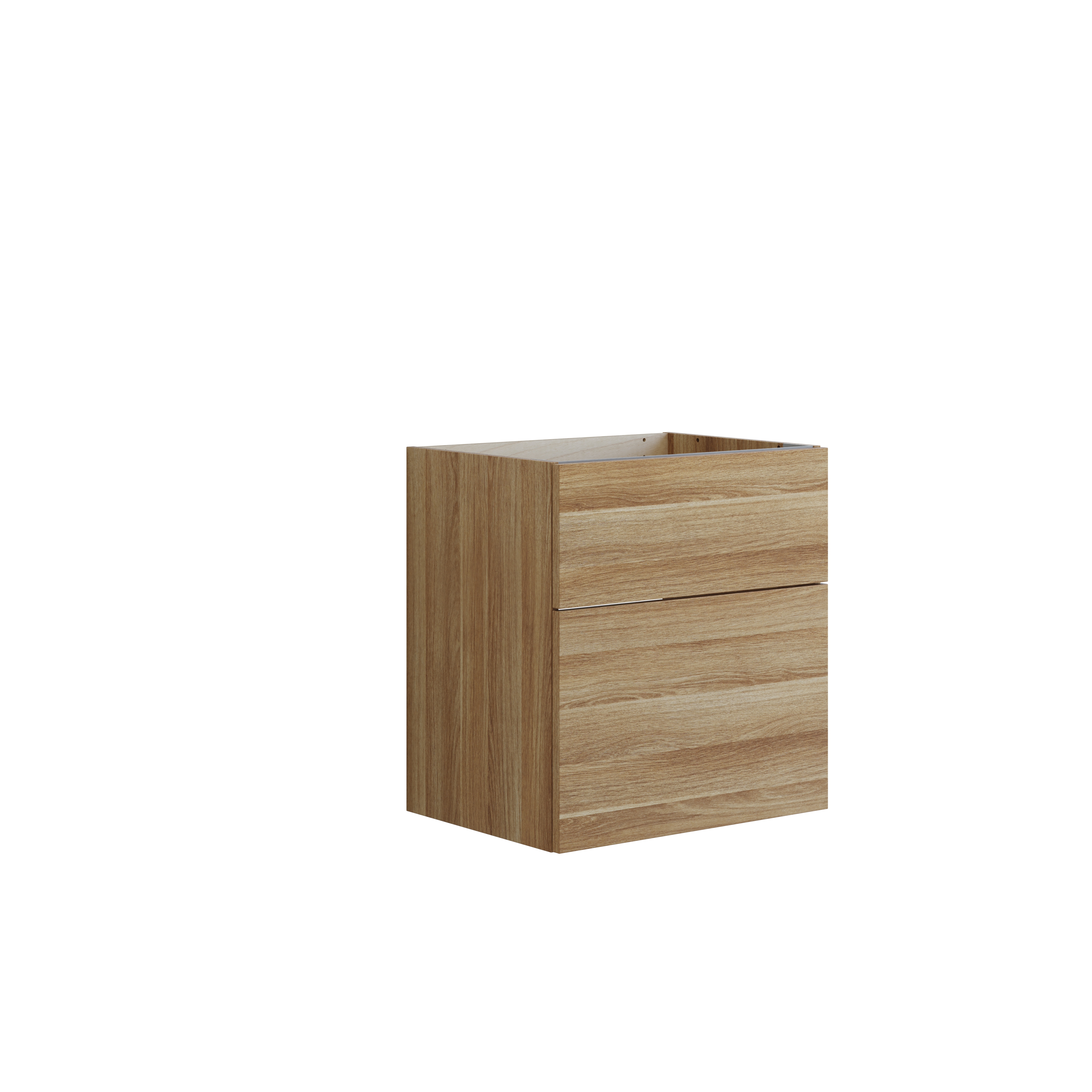 Nordic bathroom in wood finish with beautiful black framed round mirrors and plenty of storage in the furniture